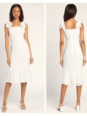 Lulus Bimini White Swiss Dot Tie-Strap Midi Dress 🤍⚜️🌿